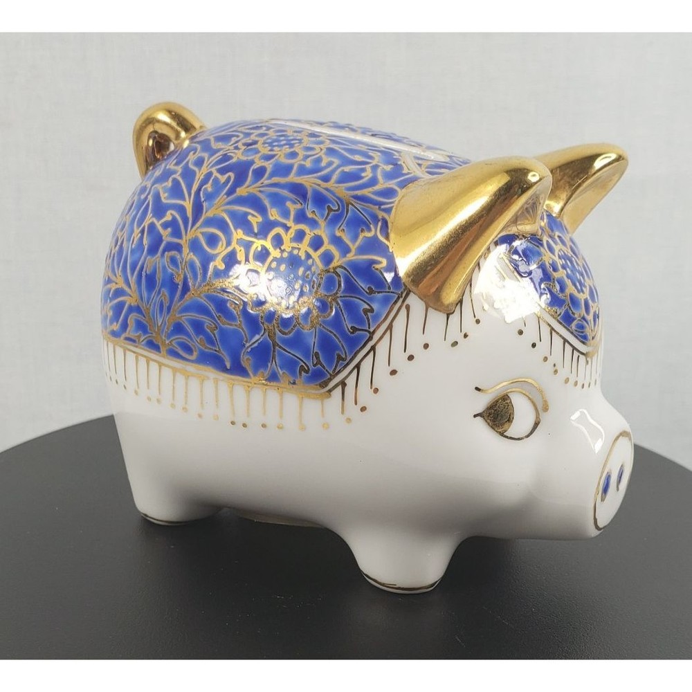 Vintage Ceramic Hand Painted Blue Gold Piggy Bank Marked JM Made In Thailand EUC